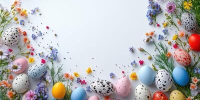 Colorful decorated eggs surrounded by spring flowers on a bright white surface photo