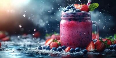 Refreshing berry smoothie in a mason jar surrounded by fresh strawberries and blueberries during a sunny afternoon photo