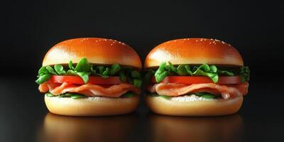 Delicious gourmet burgers with fresh ingredients displayed in enticing arrangement photo