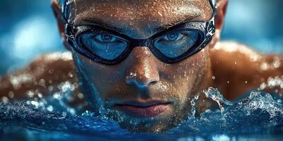 Swimmer focused on the finish line during a competitive race in an indoor pool setting at dusk photo