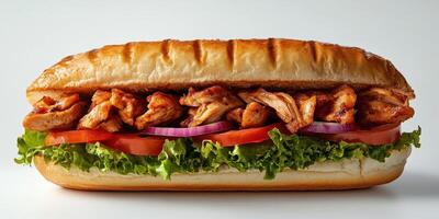 Delicious grilled chicken sandwich with fresh vegetables on a toasted bun photo