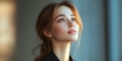 Young woman gazing thoughtfully out a window during the golden hour photo