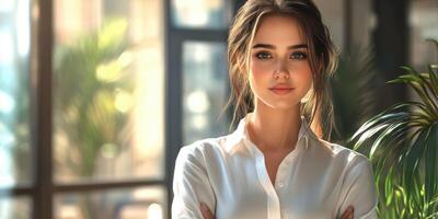 Young woman standing confidently in a bright urban office with plants during daylight hours photo