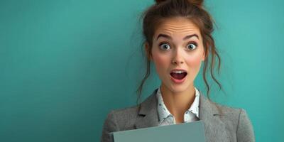 Excited woman holding a binder against a vibrant teal background with an expression of surprise photo