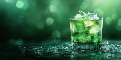 Refreshing green cocktail with ice glistening in ambient light creates a vibrant atmosphere in a bar setting photo