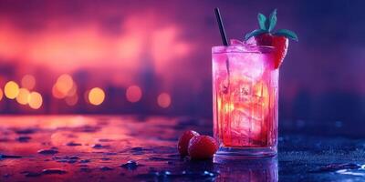 Colorful strawberry cocktail served in a glass with ice on a reflective surface during a vibrant evening photo