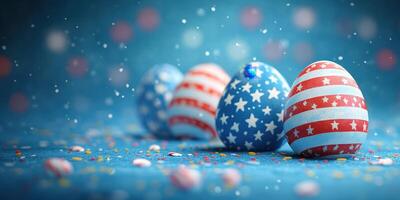 Colorful decorated eggs with red, white, and blue patterns resting on a vibrant surface during a festive celebration photo