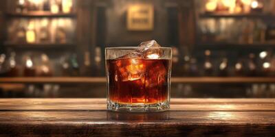 Refreshing cocktail with ice cubes served in a glass at a cozy bar setting during the evening hours photo