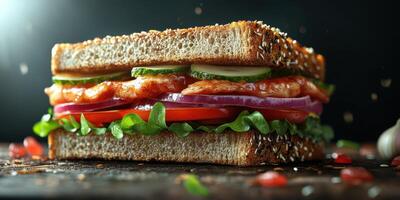 Delicious sandwich stacked with grilled chicken, fresh vegetables, and whole grain bread on a dark backdrop photo
