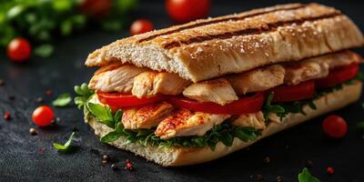 Delicious grilled chicken sandwich prepared with fresh vegetables on a dark background photo