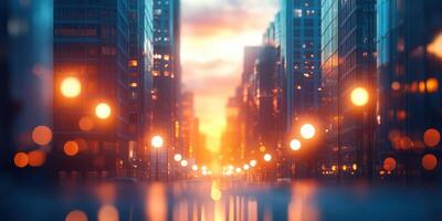 Urban sunset view with reflections and streetlights illuminating the cityscape during dusk photo