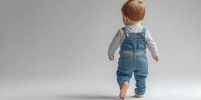 Toddler walks away on a gray background wearing denim overalls and striped shirt photo