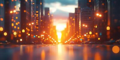 Sunset illuminating a bustling city street, vibrant lights reflecting off the pavement photo