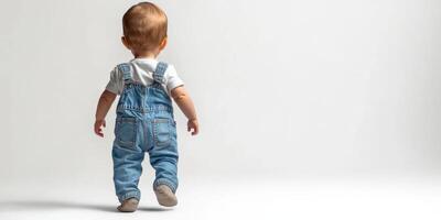 Child in denim overalls walks away in a bright space, showcasing the innocence and curiosity of early childhood photo