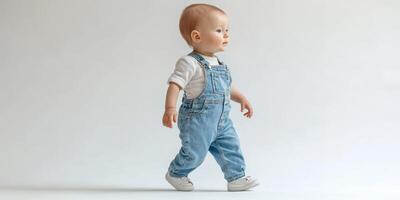 Cute toddler in denim overalls walks confidently on a light background photo