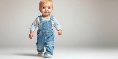 Cute toddler walking confidently in denim overalls on a light background during a playful indoor setting photo