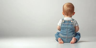 Baby sitting on the floor in denim overalls while looking away in a minimalist setting photo
