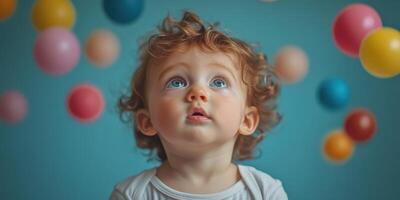 Curly-haired child gazes up in wonder at colorful floating balls in a playful indoor setting photo