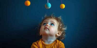 Curious toddler gazes at colorful planets hanging from the ceiling in a bright room photo