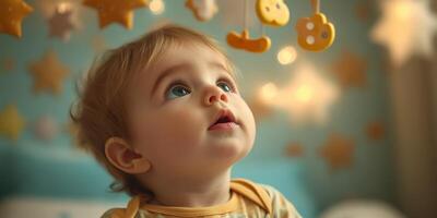 Baby gazes in wonder at hanging mobile in cozy nursery adorned with stars and soft colors photo