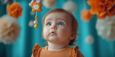 Baby gazing up at colorful hanging decorations indoors during a playful moment in a cozy setting photo