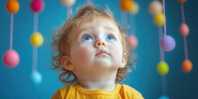 Child gazing at colorful decorations in a cheerful indoor setting during daytime playtime photo