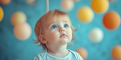 Bright-eyed baby gazes up at colorful floating spheres in a tranquil indoor setting photo