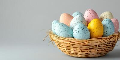 Colorful Easter eggs arranged in a woven basket against a neutral background during spring celebrations photo
