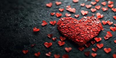 Heart shape made of red confetti surrounded by smaller red hearts on a dark textured surface for romantic occasions photo