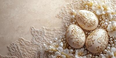 Decorative Easter eggs surrounded by white flowers and lace on a textured background for an elegant spring celebration photo