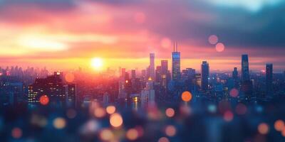 Skyline at sunset over a bustling city with glowing lights and vibrant colors highlighting the horizon photo