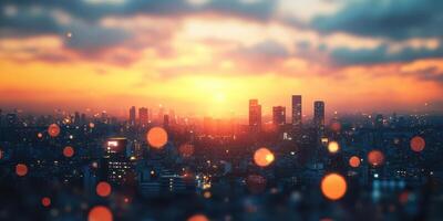 Sunset view over a city skyline with blurred lights and dramatic clouds at dusk photo