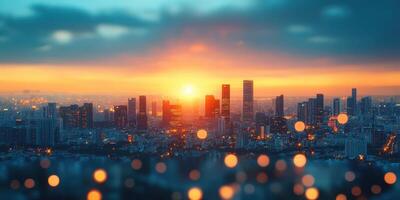 City skyline at sunset viewed from a high vantage point with lights glowing against the dusky sky photo