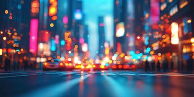 Vibrant city lights illuminate the bustling streets during the evening rush hour in an urban setting photo