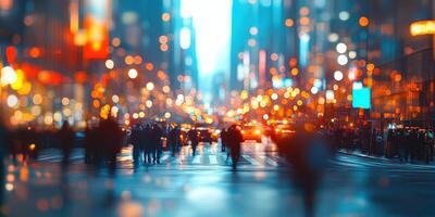 Vibrant city street filled with blurred pedestrians and glowing lights during twilight in an urban setting photo