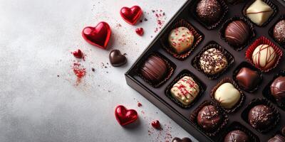 Exquisite box of assorted chocolates with heart-shaped decorations for special occasions photo