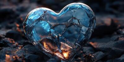 Shattered blue glass heart resting on dark rocky surface illuminated by warm glow photo