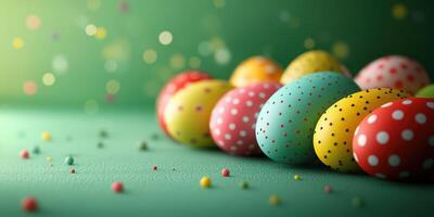 Colorful decorated easter eggs arranged beautifully on a vibrant green background with playful speckles and soft lighting photo