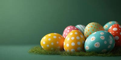 Colorful Easter eggs resting on soft grass against a green background in a cozy spring setting photo