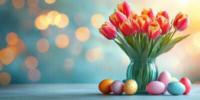 Spring celebration with colorful tulips and decorative Easter eggs in a serene setting photo