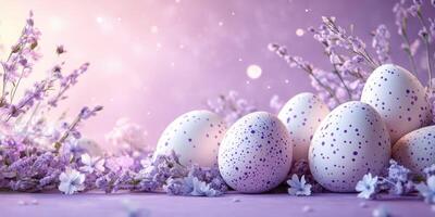 Beautiful decorative eggs arranged among lavender flowers with a soft purple background in springtime setting photo