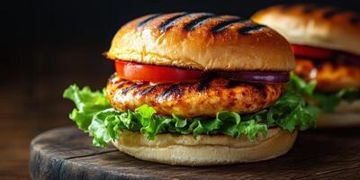 Delicious grilled chicken sandwich with tomatoes and lettuce served on a rustic wooden surface photo
