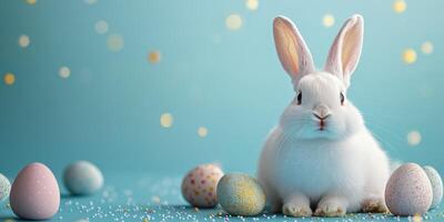 White rabbit surrounded by colorful Easter eggs on a light blue background during a spring celebration with festive decorations photo