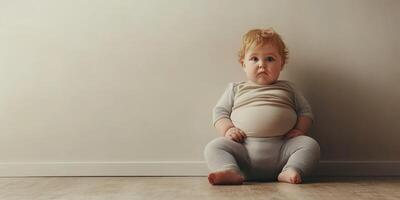 Chubby baby sitting on the floor with a curious expression and minimalistic background in a cozy indoor setting photo