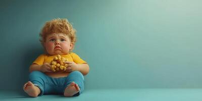 Toddler sitting on the floor with a sad expression while holding snacks in a bright indoor setting photo