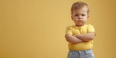 Child with a serious expression and crossed arms against a yellow background during a playful moment indoors photo