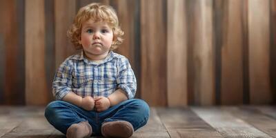 Cute toddler sitting on wooden floor in casual outfit, deep in thought, in cozy room with natural lighting photo