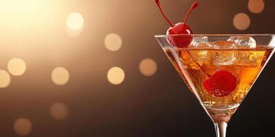 Cherry garnished cocktail served in a martini glass with ice and sparkling background during a celebratory evening event photo