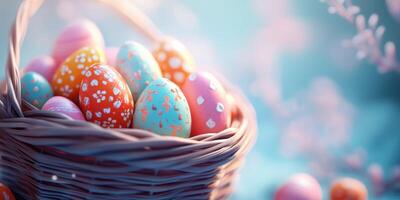 Brightly colored Easter eggs arranged in a basket with soft pastel colors and a spring background in bright daylight photo