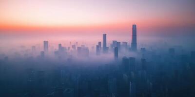 Stunning skyline view of skyscrapers shrouded in fog during sunrise in a bustling metropolis photo